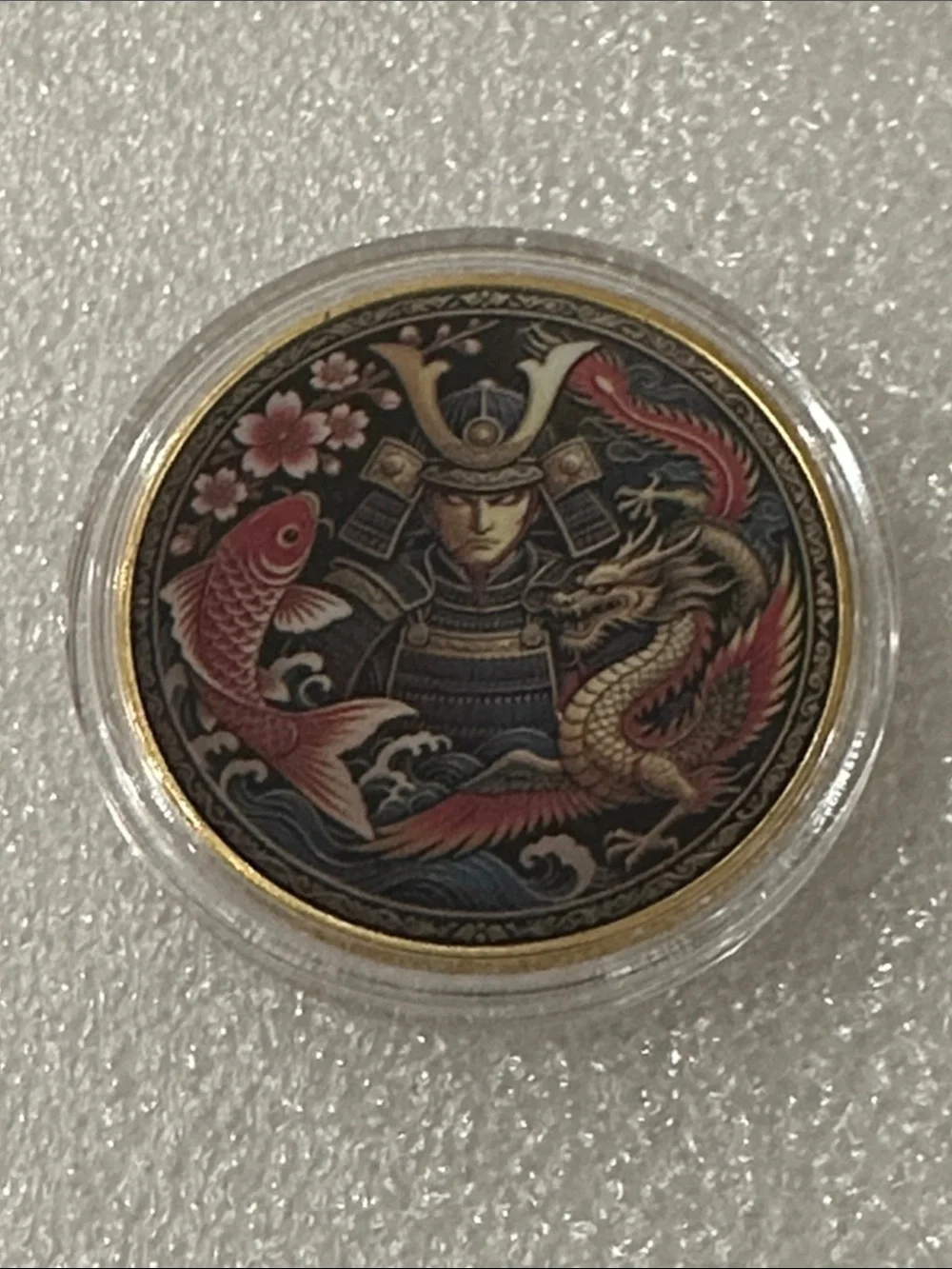Samurai Dragon & Koi Decorative Coin — Black, Red, Gold